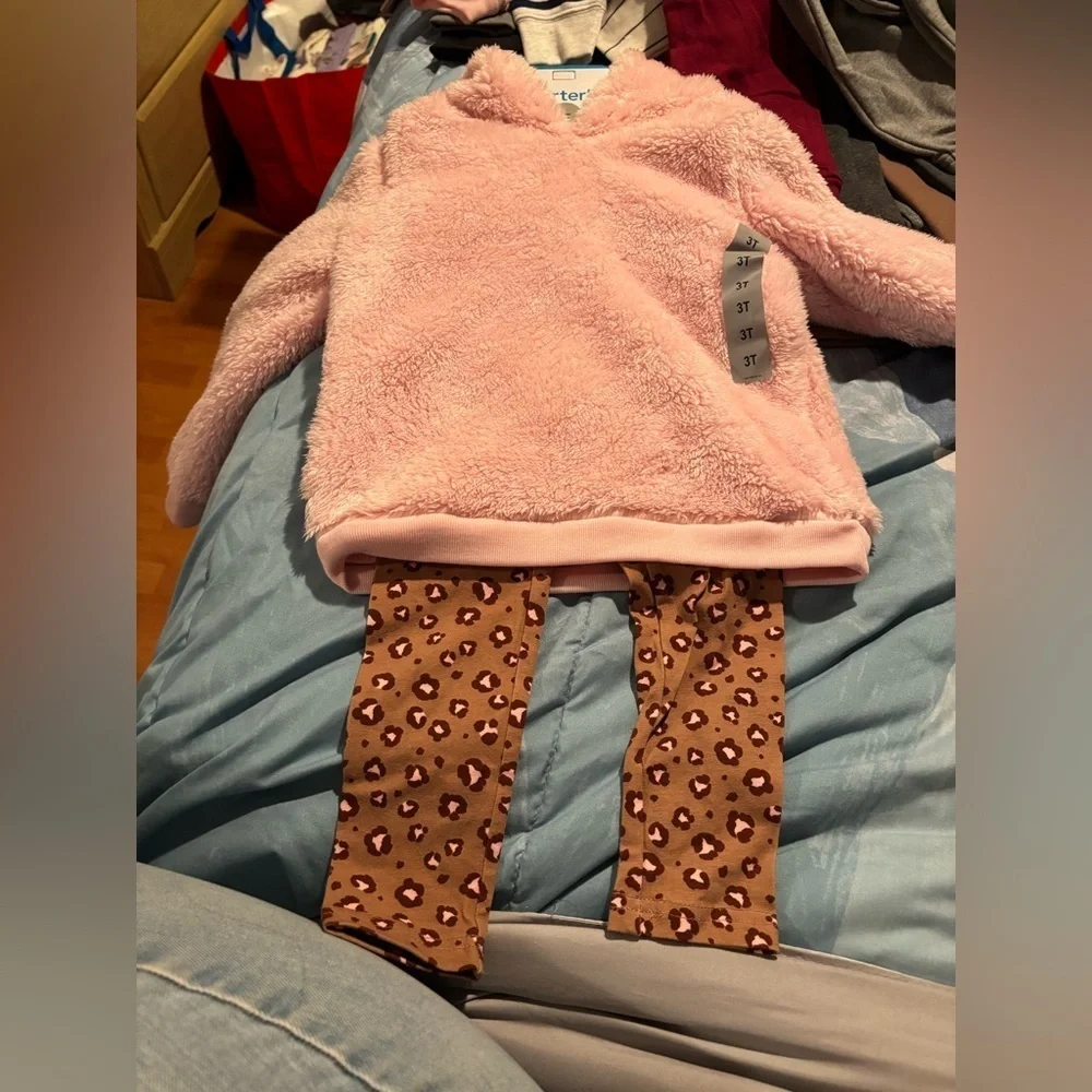NWT Carter's Blush Pink Fleece Jacket with leopard print leggings size 3T